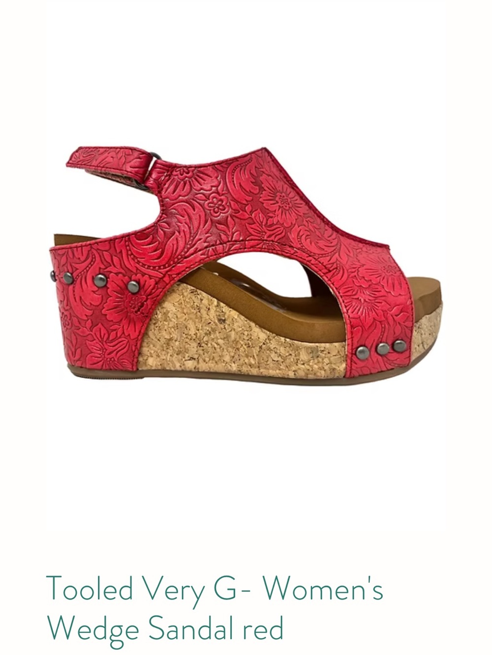 Very G Red Tooled Floral Wedge Sandal